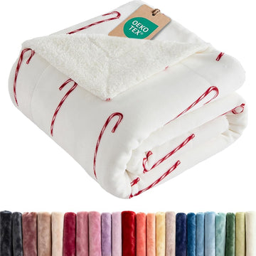 Christmas Sherpa Blanket Throw Size, Reversible Blanket - Candy Cane, 50x60