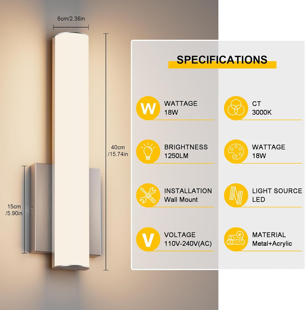 15.7 Inches Modern Bathroom Led Wall Sconces,18W 3000K Hardwired Wall Light with White Acrylic Lampshade,Indoor