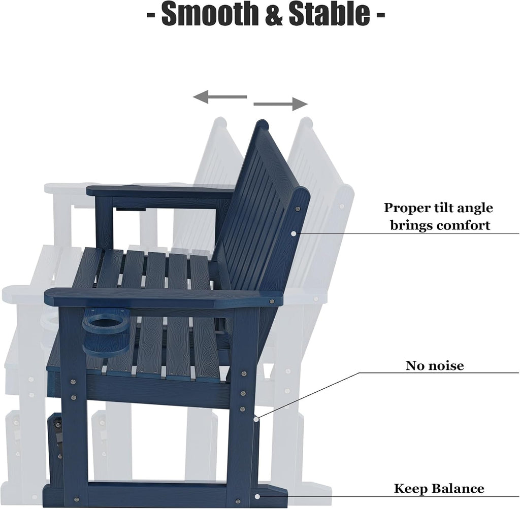 Poly Lumber Patio Glider, HIPS Material Weather-Resistant Swing Bench for Outdoor Porch Garden (Navy Blue, 2-Seater)