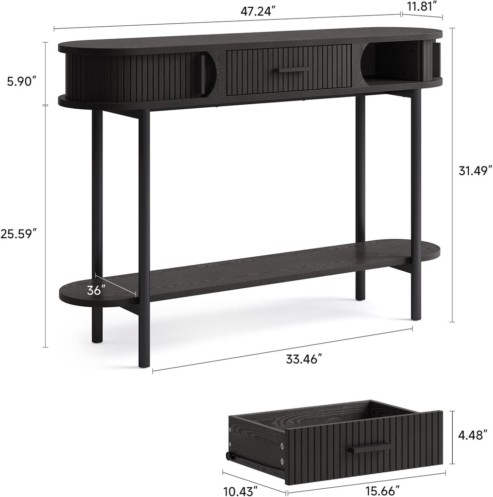 47 Inch Fluted Console Table with Drawers, Entryway Table with Storage, Oval Sofa Tables Behind Couch, Mid-Century