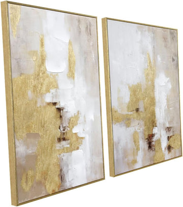Abstract Gold and Beige Canvas Wall Art - 2 Piece Framed Prints with Hand-Painted Texture - Neutral