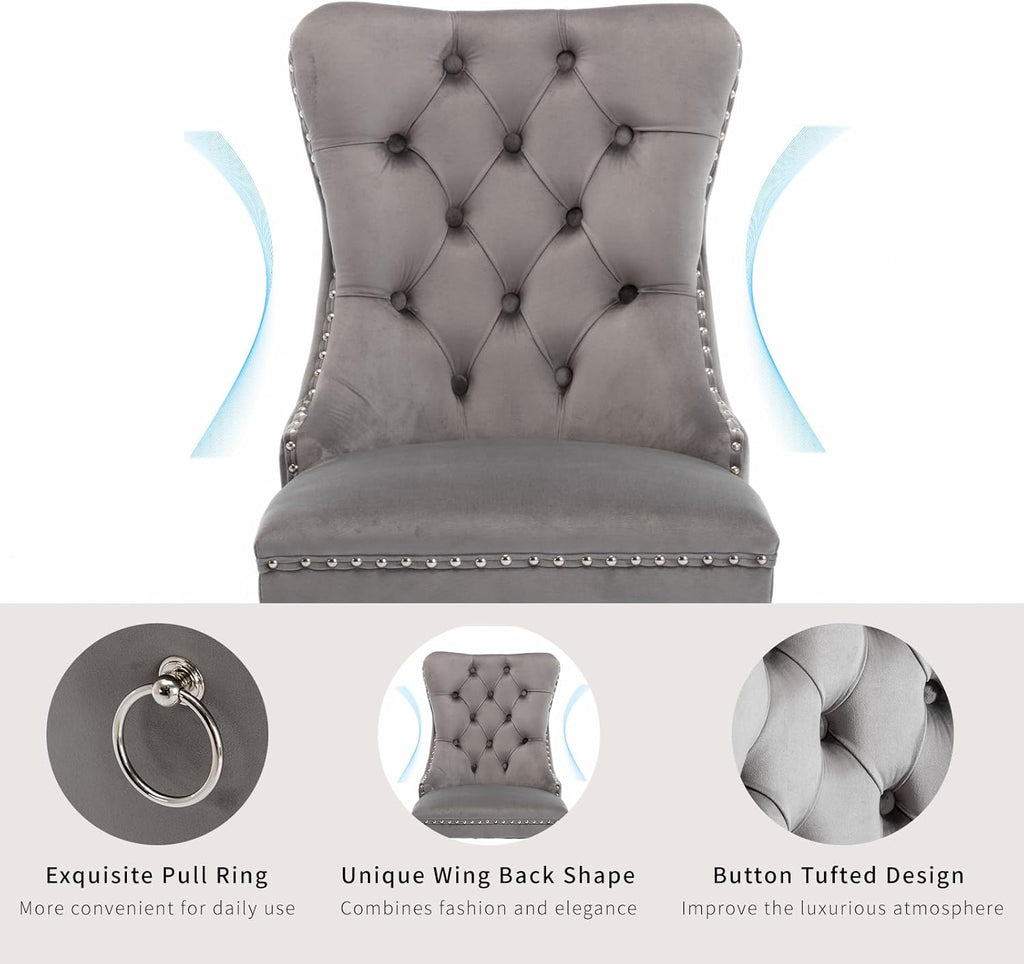 Gray Velvet Dining Chairs Set of 4, Tufted Kitchen & Dining Room Chairs | Four Fabric Dinning Chairs, Velvet