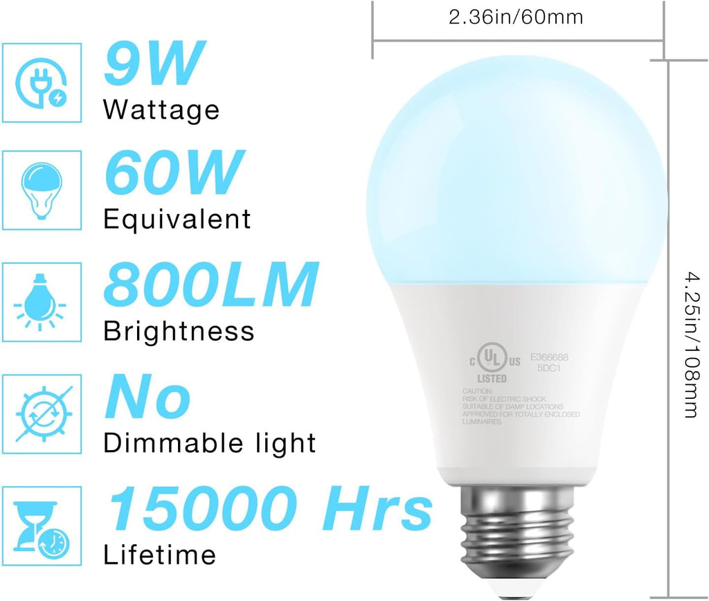 A19 LED Light Bulbs, 60 Watt Equivalent LED Bulbs, Long Lifespan High Brightness 800LM Daylight White 5000K, E26