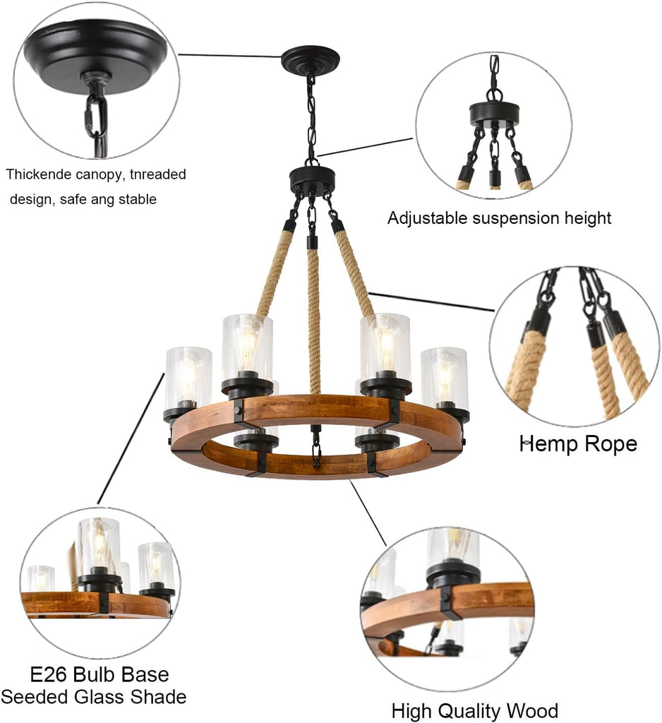 Inspired Camino Style Chandelier - 6 Light Wooden Wagon Wheel Chandelier with Seeded Glass Shade, Rustic Farmhouse Pendant for Dining Room, Kitchen and Entryway