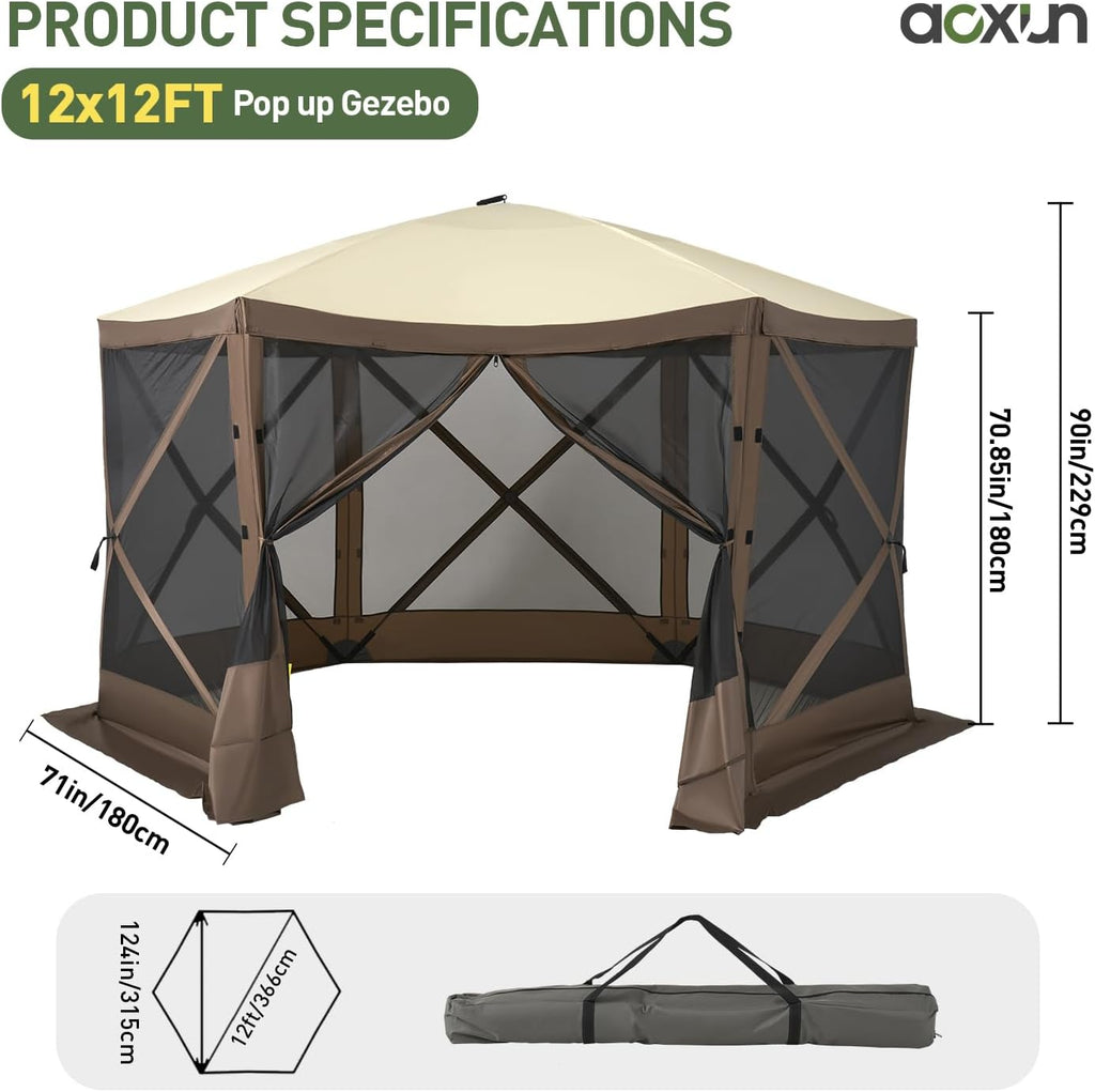 12x12FT Pop Up Canopy Tent, 6-Sided Pop-up Gazebo Screen Tent with Mesh Windows
