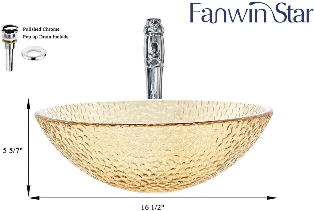 Pearl Series Glass Vessel Sink In Gold Top Raindrop Mount Sinks Above Countertop | Vanity Countertop Sink Bowl with Pop Up Drain | FW-LA625