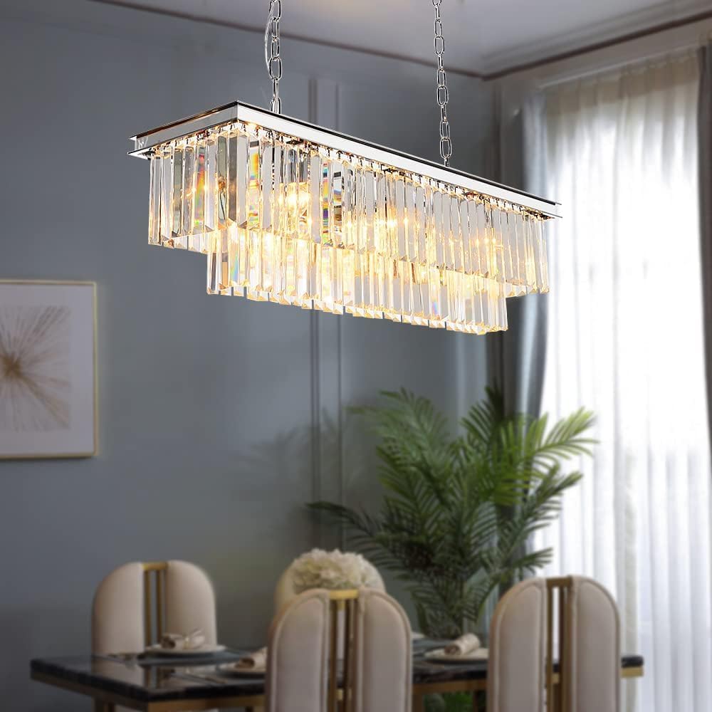 Inspired Odeon Style 8-Light Chrome Rectangular Crystal Chandelier