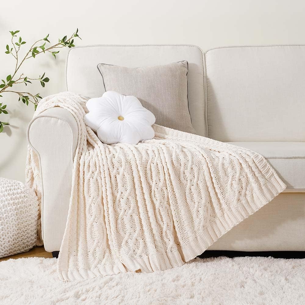 Cream White Ivory Throw Blanket, 51x 67 Inch, Woven Chenille Knit Throw Blanket for Chair, Super Soft Warm Decorative