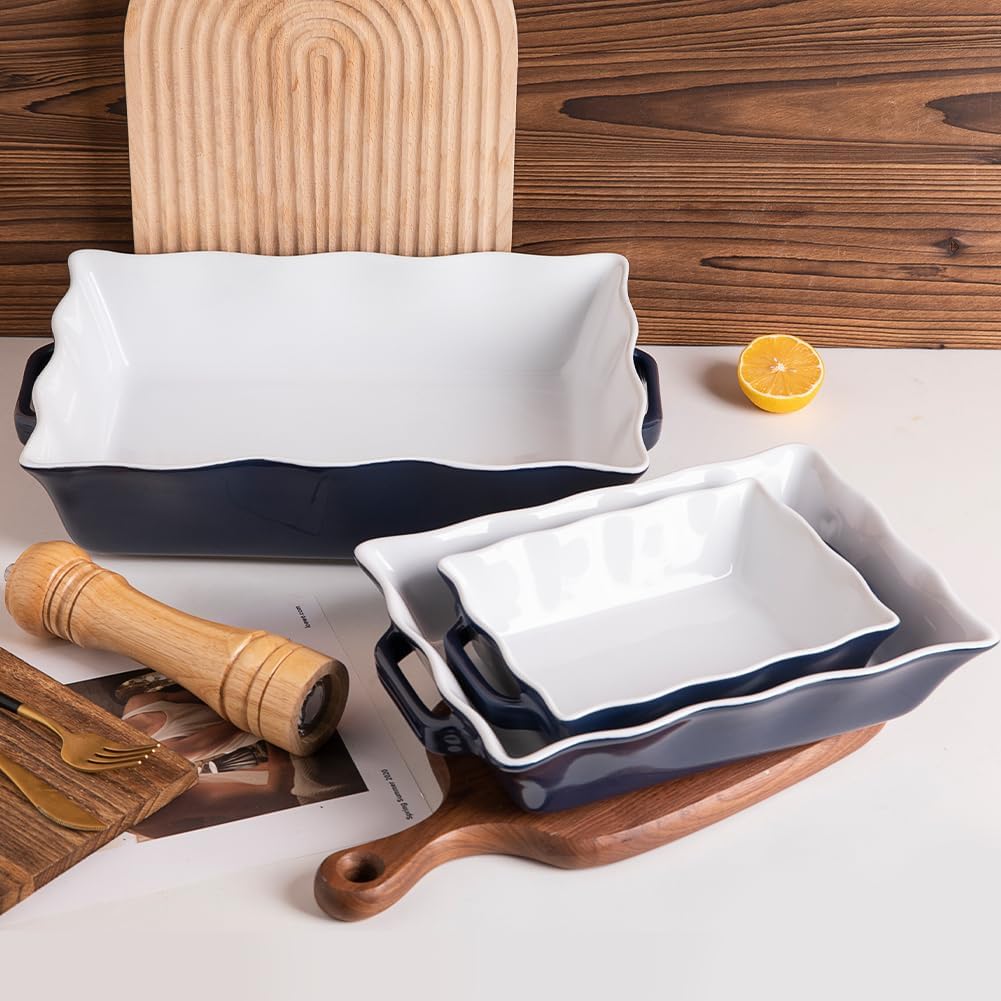 Casserole Dishes for Oven, Ceramic Bakeware Set of 3, Rectangular dish with Handles, Wave Edge Lasagna Pan Deep for