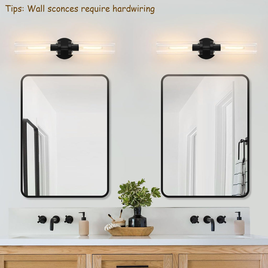 Wall Sconces Set of Two, Hardwired Matte Black Bathroom Sconces Wall Lighting with Clear Glass, Modern Sconces Wall