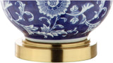27" Blue/White Ceramic Chinoiserie Table Lamp, Traditional Floral Double Gourd Vase Lamp with White Linen Drum Shade