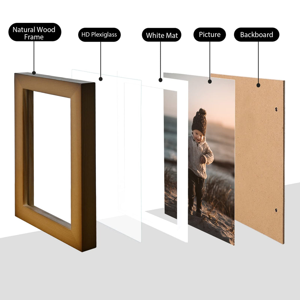 4x6 Frame Brown, Solid Wood 4 x 6 Picture Frame with Acrylic Plexiglass for 3.5x5 with Mat, Tabletop and Wall Display