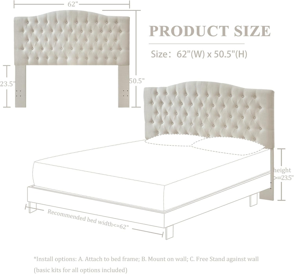 Linen Upholstered Headboard Queen/Full Bed Tufted Button Headboard, Featuring High-Density Sponge Padding, Luxury