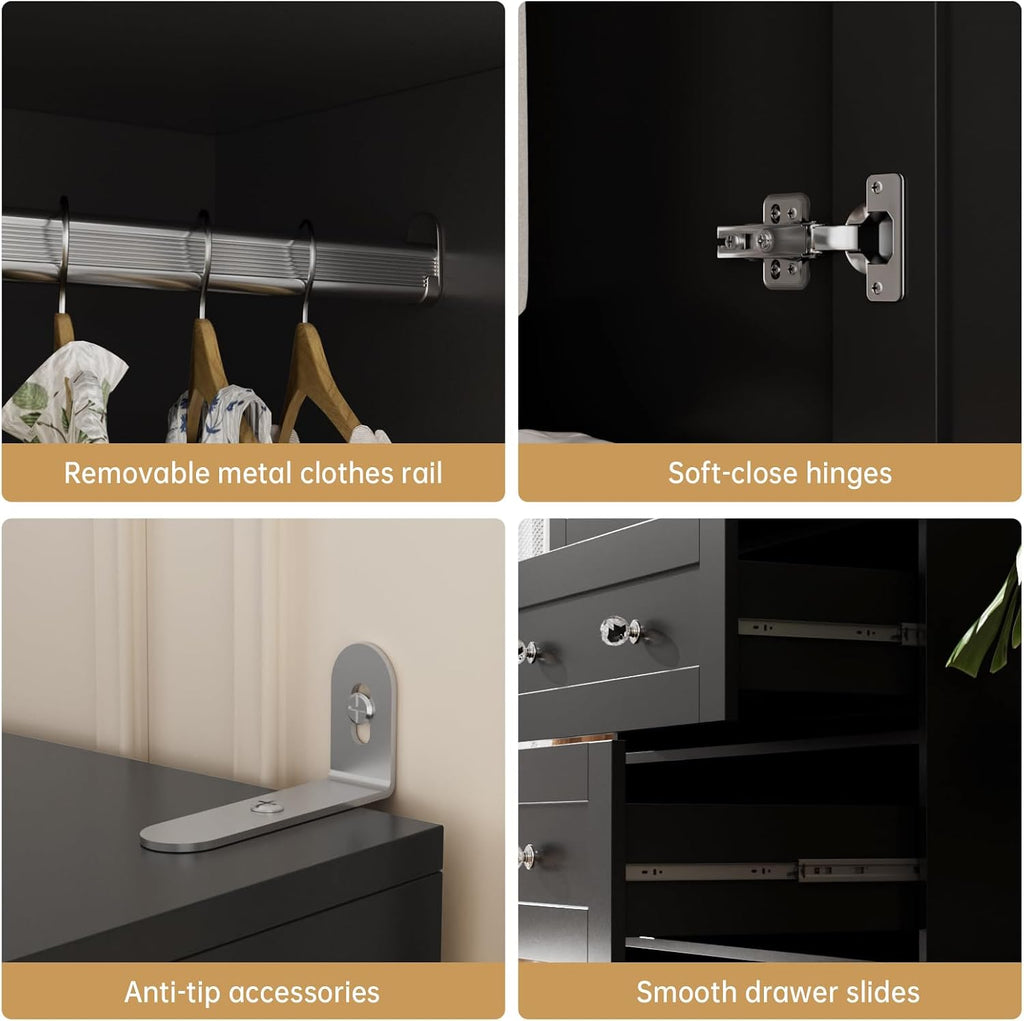 71" Tall Armoire Wardrobe Closet with Drawers and Mirror | Clothing Storage Cabinet with Hanging Rod, 2 Doors Wooden
