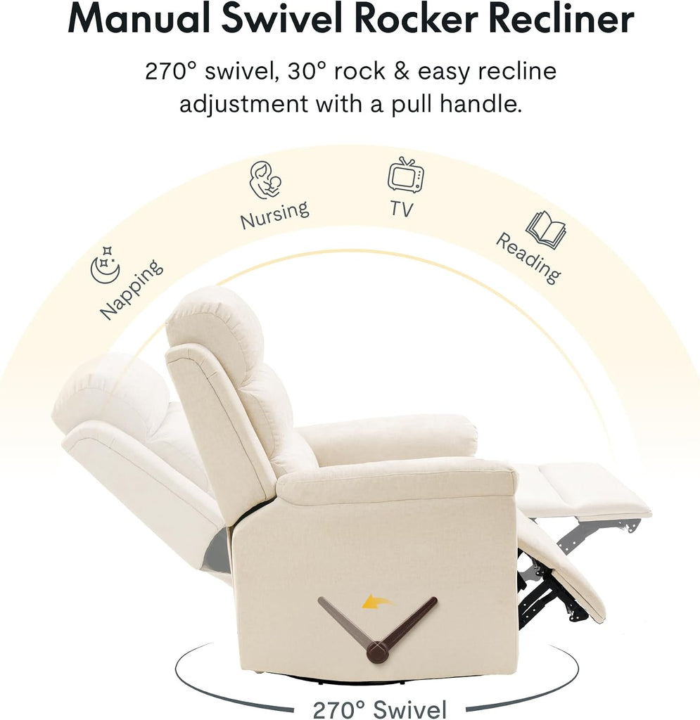 Swivel Rocker Recliner Chair for Adults, Nursery Rocking Glider Chair with Massage & Heat, FSC Wood Frame