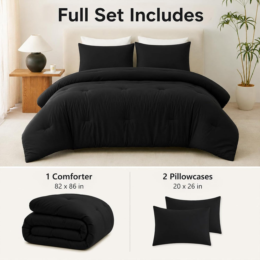 Queen Comforter Set, 3 Pieces Down Alternative Bedding, Black - Set of 3