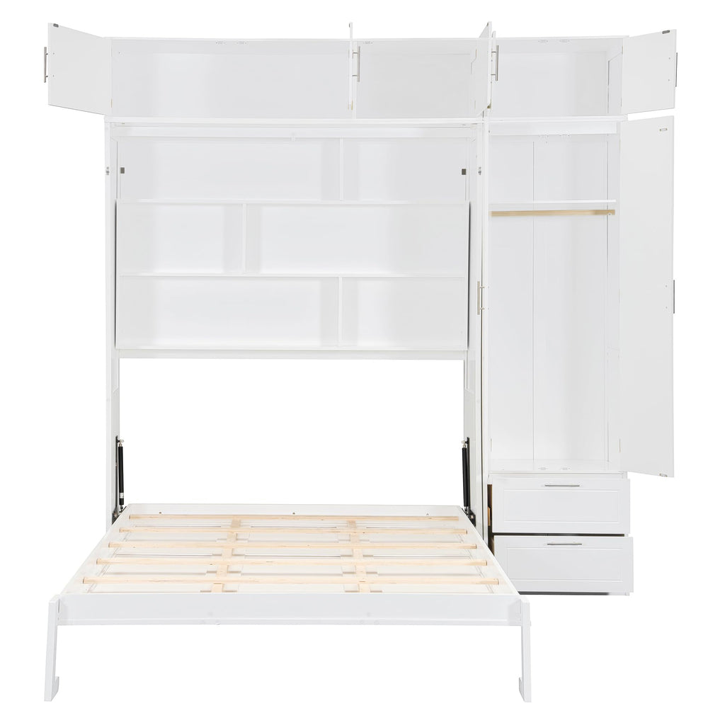 Queen Size Murphy Bed with Wardrobe, Space Saving Hidden Wall Bed Frame with Drawer & Storage Shelves, Foldable