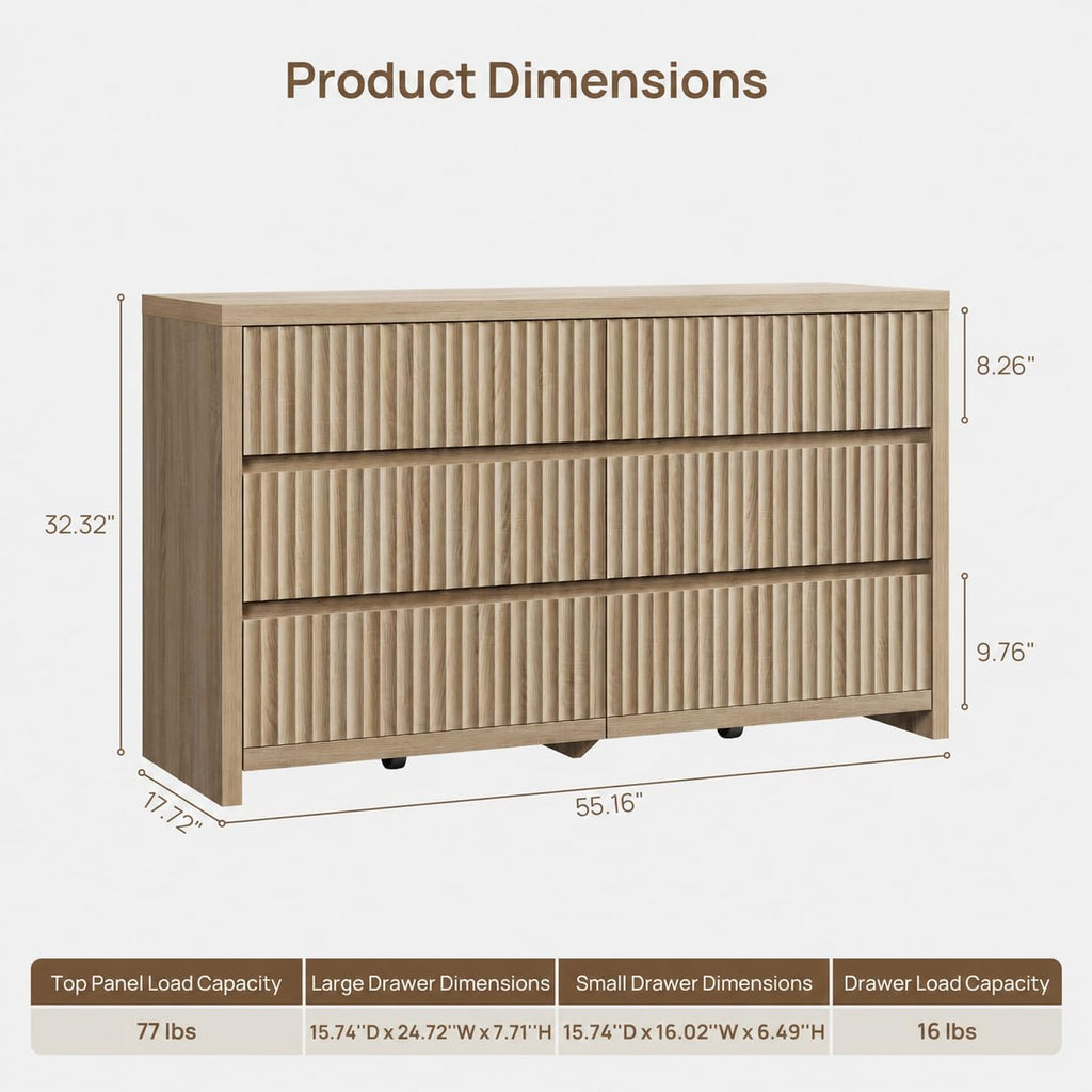 Fluted 6 Drawer Dresser - 55.2''W Large Chest of Drawers | Modern Long Bedroom Dressers with Deep Drawers, 17.7''D