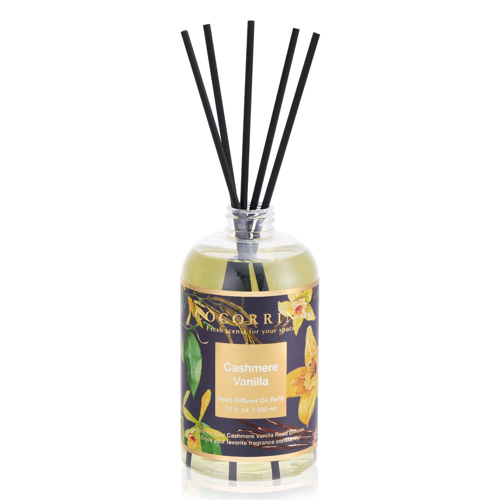 Reed Diffuser Refill Cashmere Vanilla 17oz (500ml) with 8 Rattan Sticks - Premium Long-Lasting Essential Oil, Home