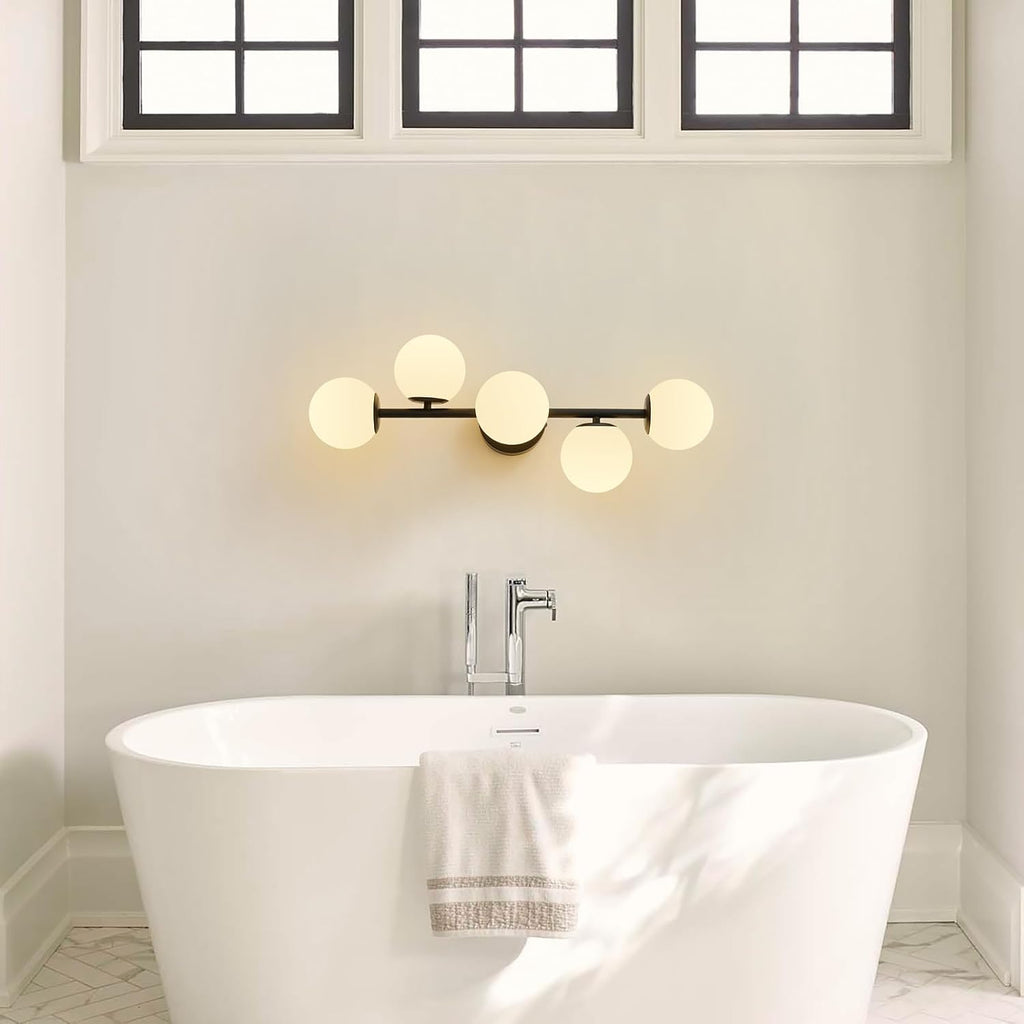 27" Mid Century Modern White Globe Black LED Bathroom Vanity Light | Matte Black Finish, Sleek Mid Century Modern