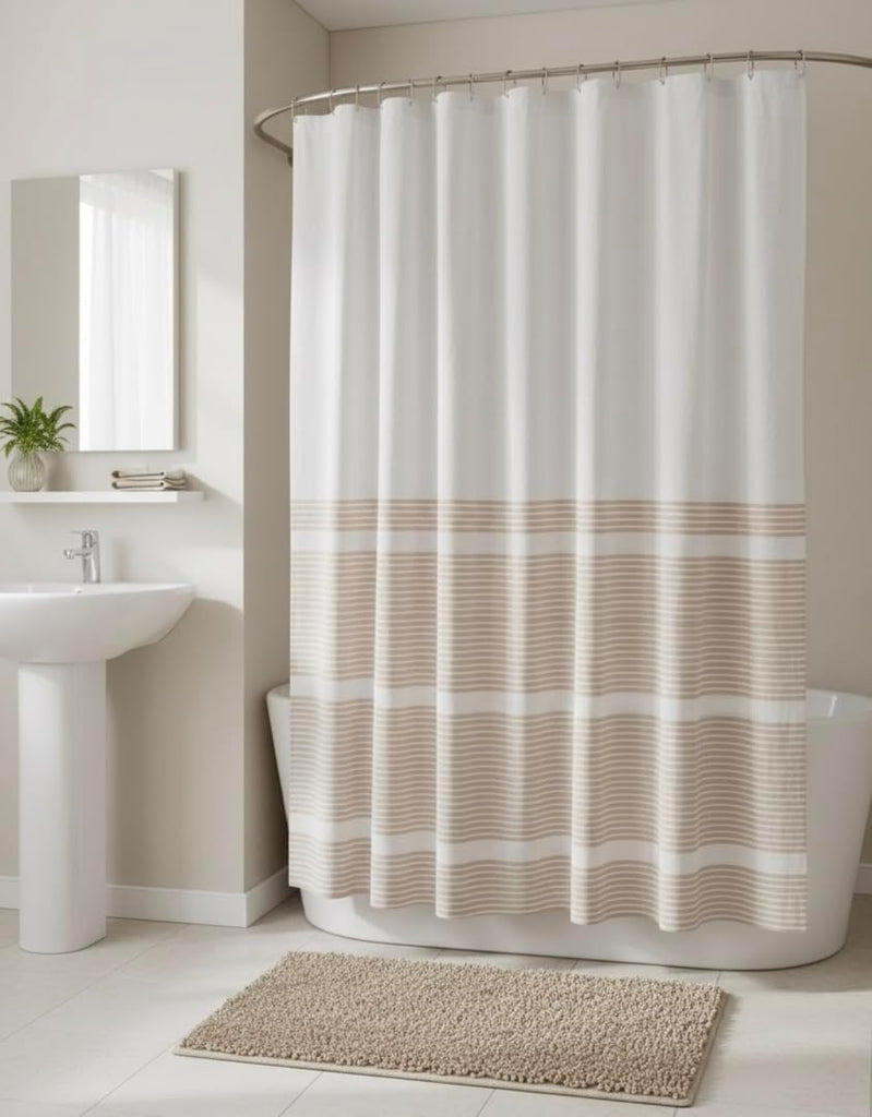 Nautical Striped Beige & White Cotton Bathroom Shower Curtain, 70x72 | Luxury Hotel Style Fabric with Detailed