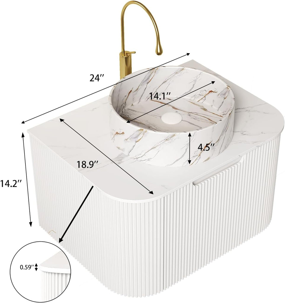 24-Inch Floating Bathroom Vanity with Sink, Solid Wood Fluted Cabinet, Marble-Pattern Ceramic Basin, Faux Marble Top, Soft-Close Drawer, White