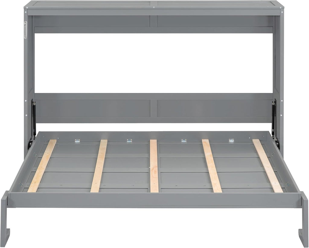 Modern Farmhouse Solid Wood Murphy Bed Chest, Wall Bed with Wood Slat Support/No Box Spring Needed/Space