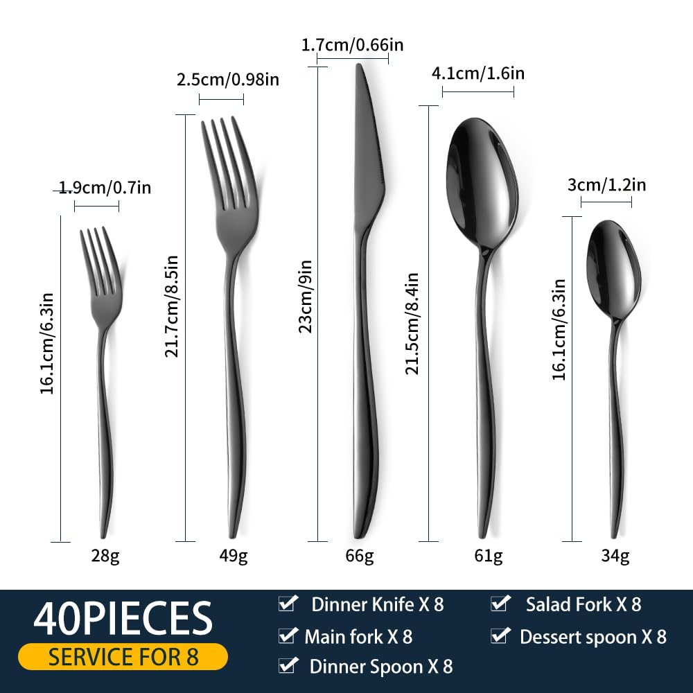Black Silverware Set For 8, 40-Piece Everyday Flatware Set, Service For 8, Premium 18/10 Stainless Steel, Heavy Duty