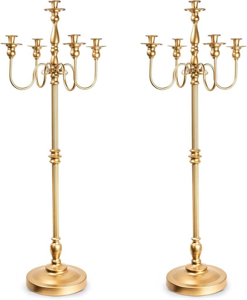 Gold Candelabra, 50'' Tall Floor Candle Holders, 2 Pcs Metal 5 Arm Centerpiece Decorations for 5 Candlesticks Party
