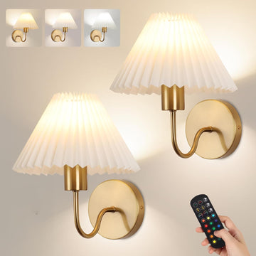 Wireless Wall Sconce Sets of 2, Pleated Shades Rechargeable Battery Operated Wall Sconce, Retro gooseneck Gold Wall