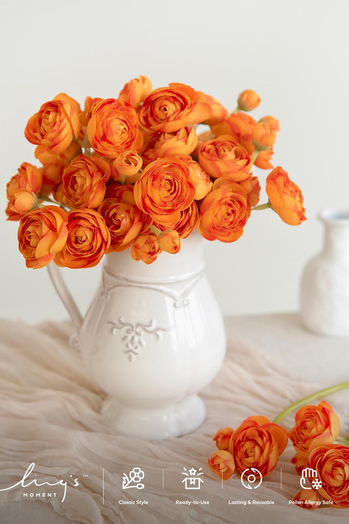 Fake Flowers Faux Silk Ranunculus Orange