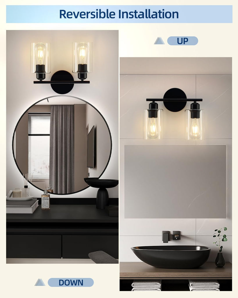 2-Light Bathroom Light Fixtures, Matte Black Bathroom Vanity Lights, Bathroom Lighting Fixtures Over Mirror with