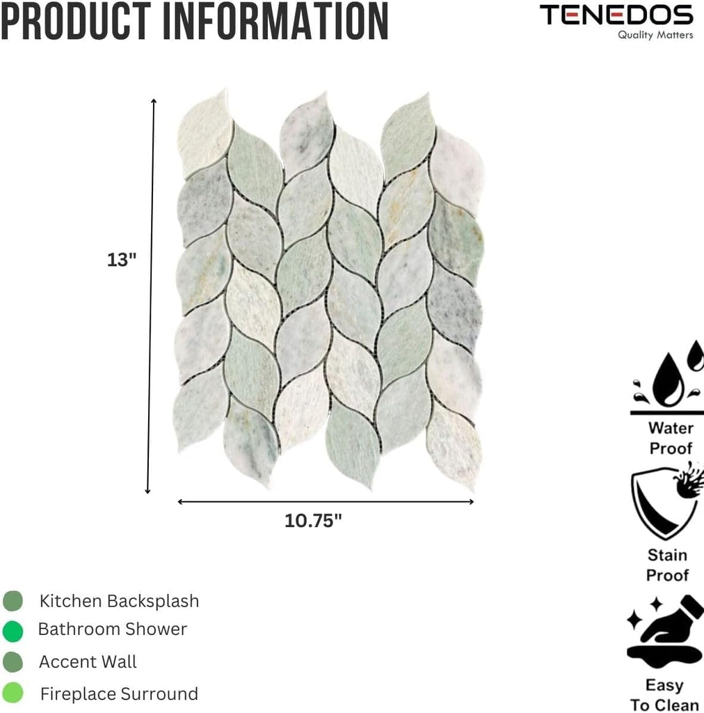 Ming Green Polished Leaf Marble Mosaic Tile - 2 Sheets