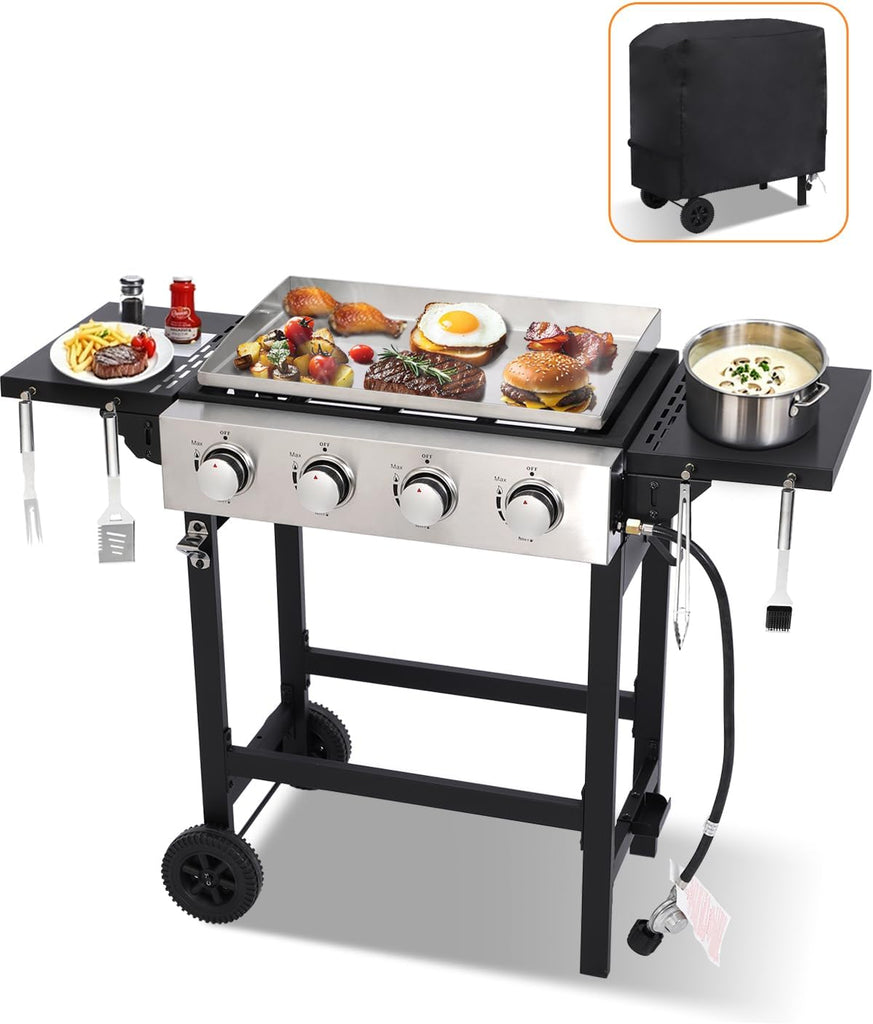 4-Burner Propane Gas Griddle, 40,000 BTU Flat Top Grill with Foldable Side Tables and Wheels, 291 Sq. In. Cooking Area