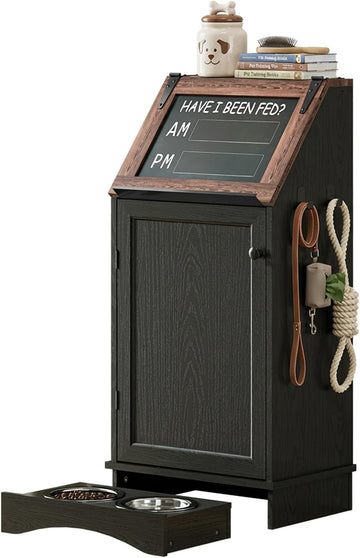Dog Food Feeding Station with Storage, Pet Food Storage Cabinet with Bowls and Flip-Top Blackboard, Hidden Trash Can