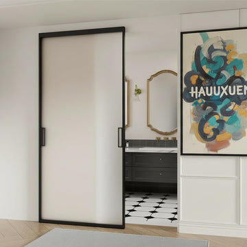 Concealed Track Sliding Glass Barn Door - 40" x 87" Frosted 5/16" Tempered Glass, Soft-Close Hydraul
