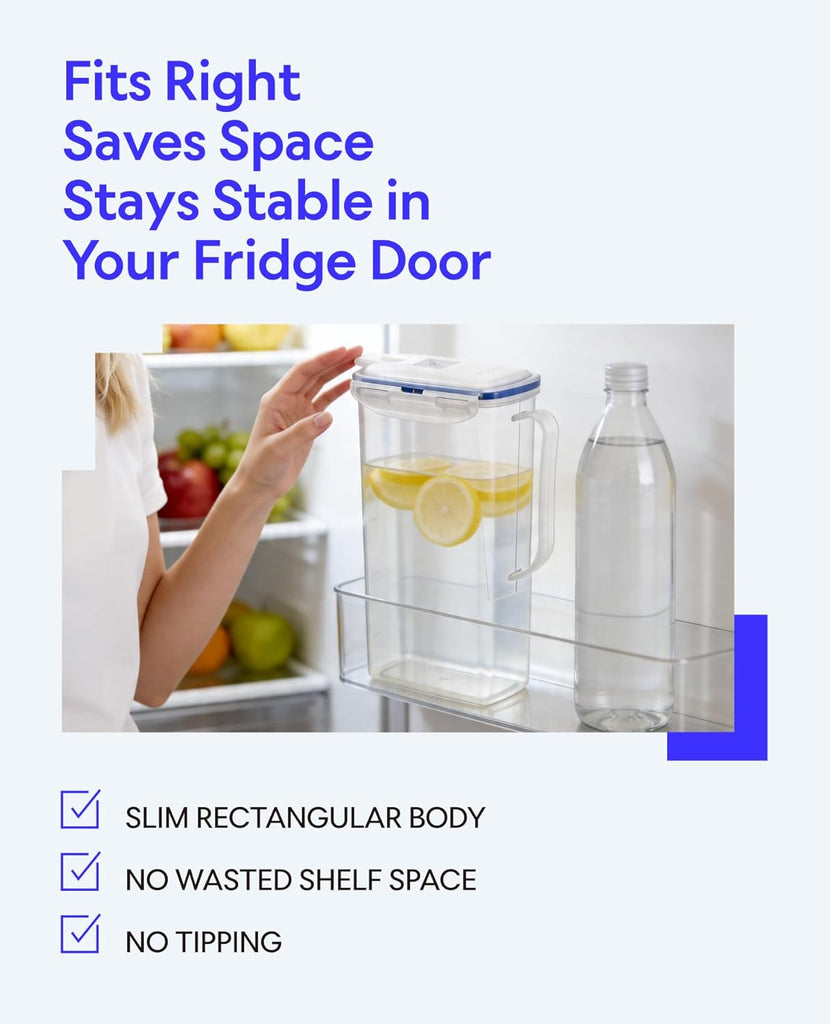 Aqua Fridge Door Water Jug | Clear Pitcher | BPA Free Plastic Pitcher with Lid | 2 Quart Pitcher with Lid for Water
