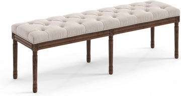 60" Fabric End of Bed Bench, Upholstered Tufted French Bedroom Bench with Carved Dark Brown Legs End of King Size