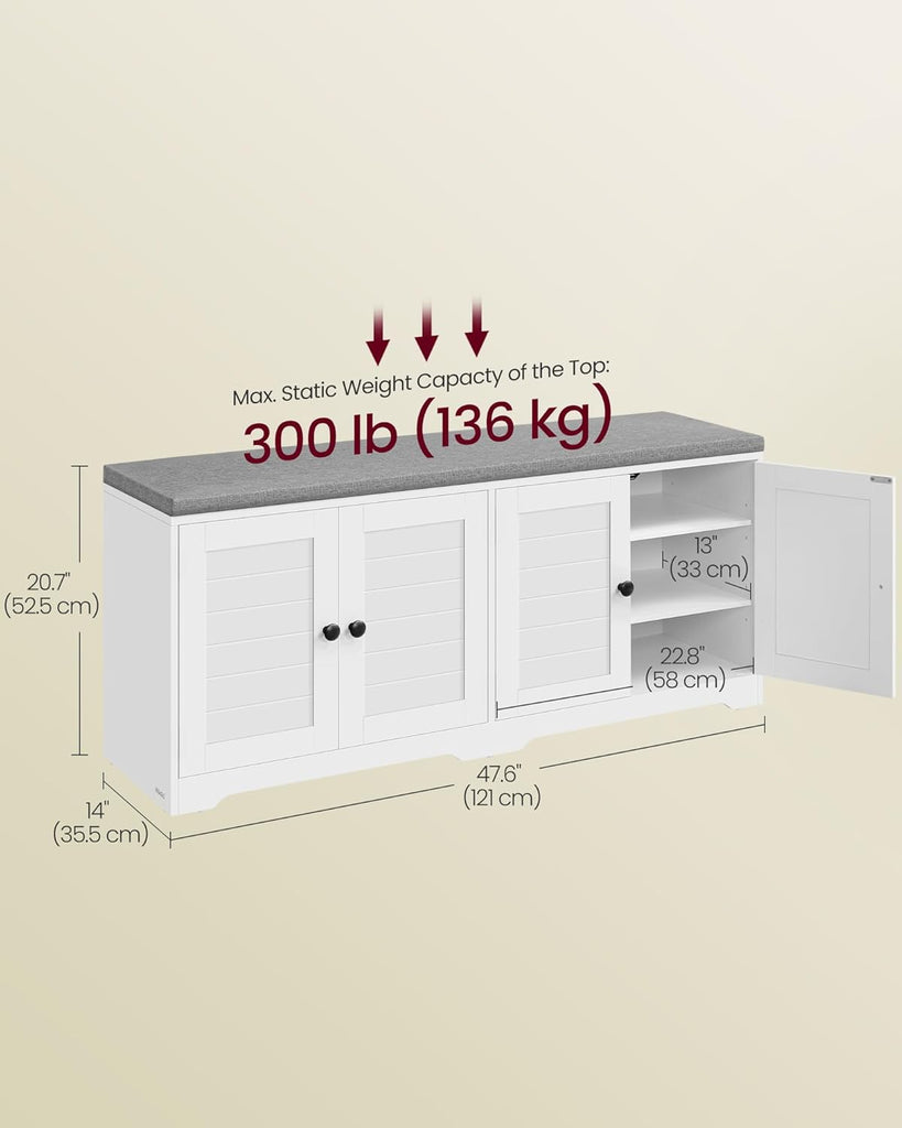 Shoe Storage Bench with Cushion, 3-Tier Entryway Bench with Padded Seat, Doors, Adjustable Shelves, 14 x 47.6 x 20.7