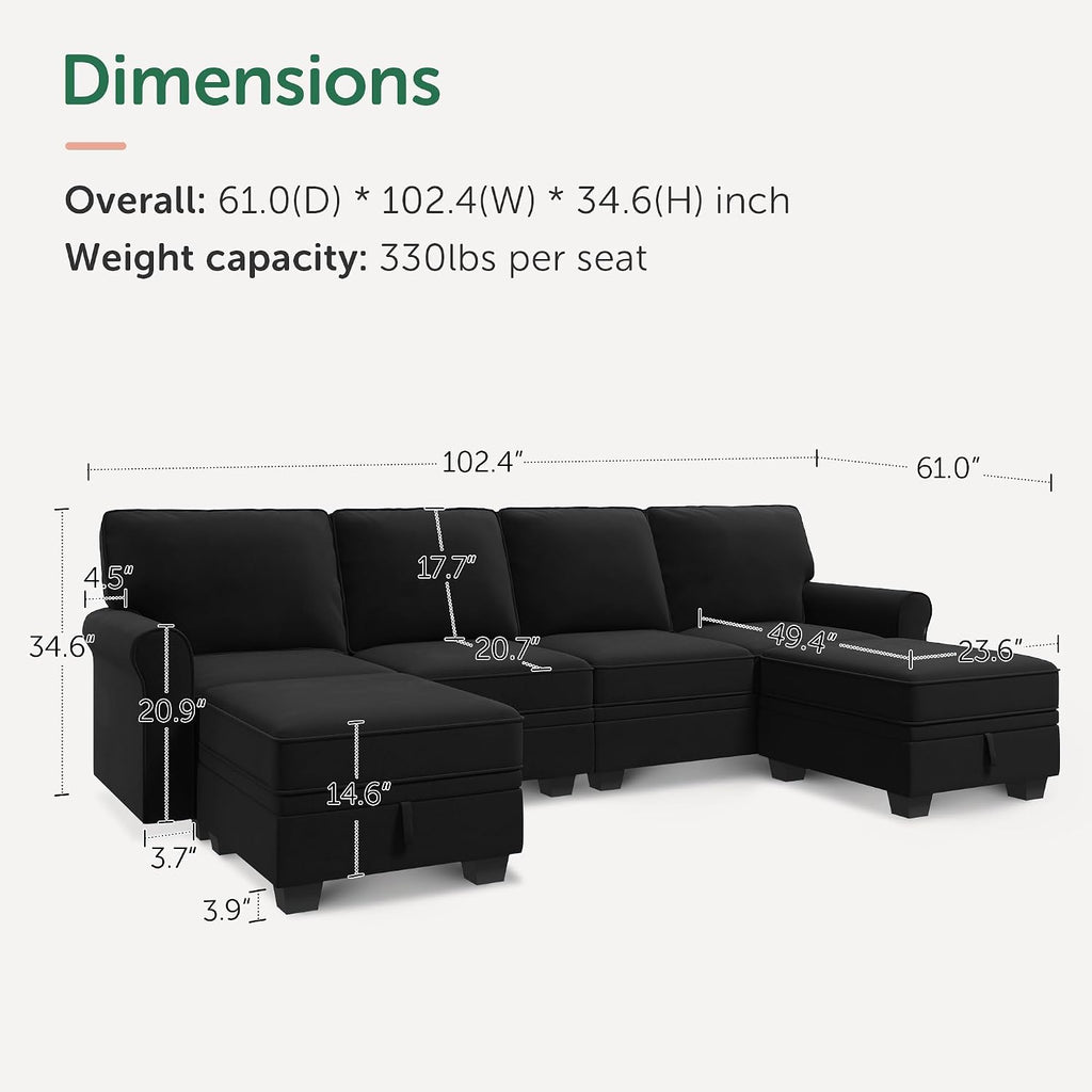 Convertible Sectional Sofa with Storage U Shaped Sectional Couch with Reversible Chaise Small Sectional Couches ,Mid