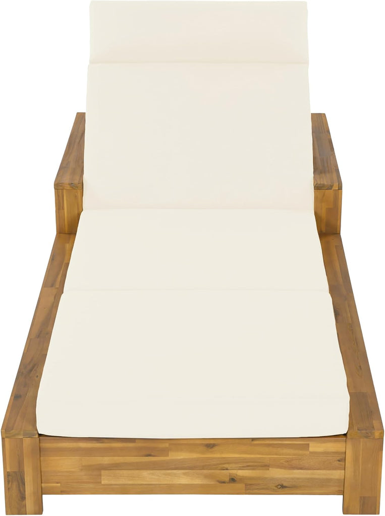 Teak Finish Acacia Wood Outdoor Chaise Lounge Frame Set with Armrests, 3-Position Adjustable Recliner, 4-Fold Beige