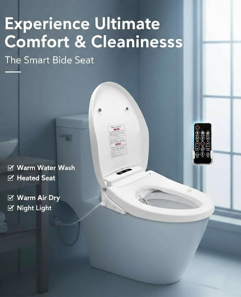 Elongated Smart Heated Bidet Toilet Seat with Slow-Close Lid, Warm Air Dryer, Remote Control, LED Light, Adjustable Temperature