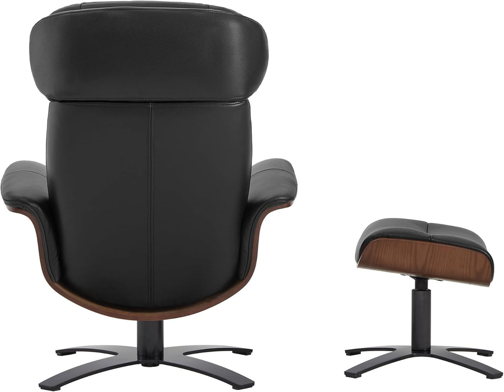 Modern Reclining Swivel Lounge Chair and Ottoman — Black Genuine Leather