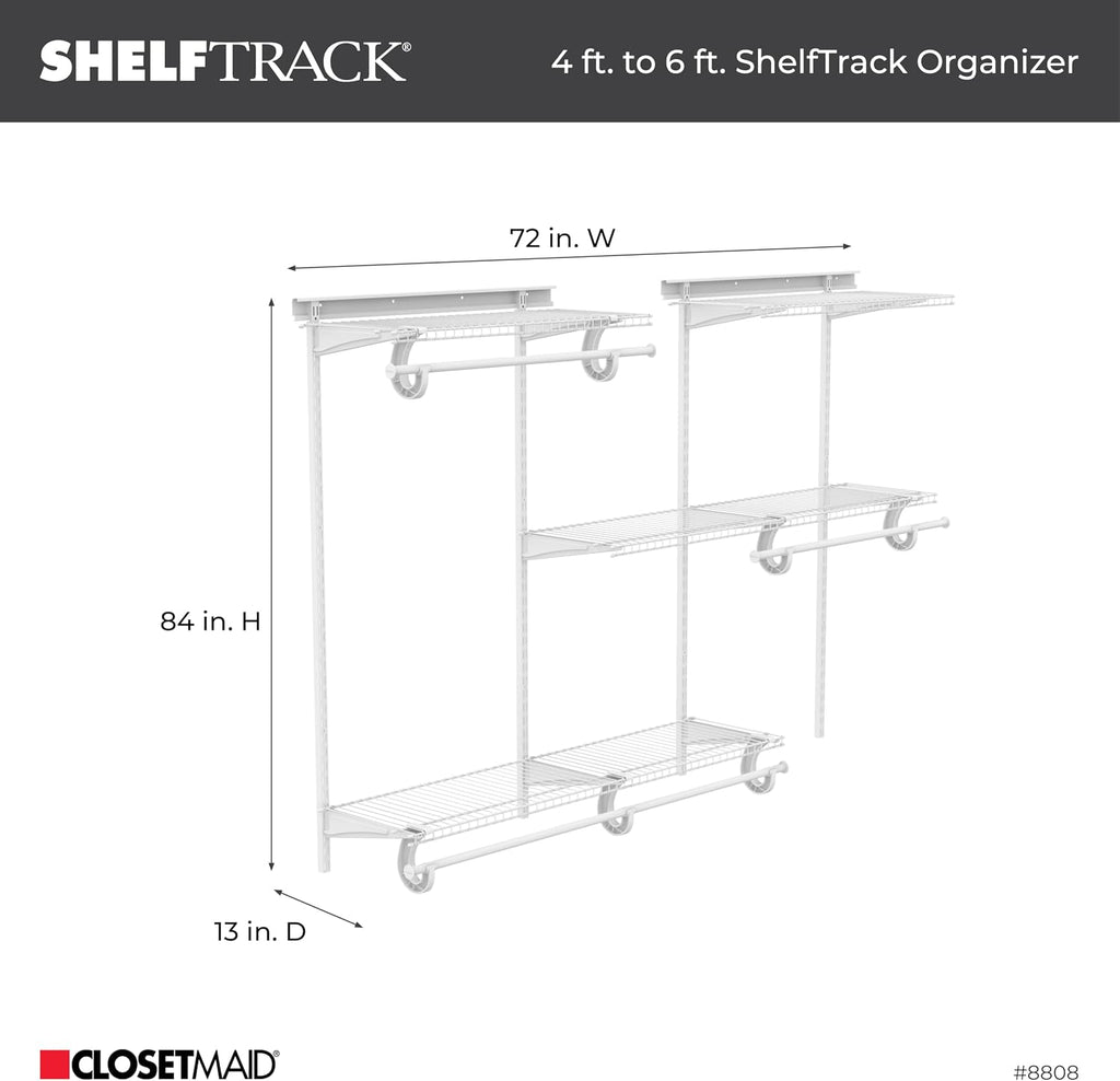 ShelfTrack Wire Closet Organizer System, Adjustable from 4 to 6 Ft., With Shelves, Clothes Rods, Hardware, Durable