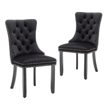 Velvet Dining Chairs Set of 2, Upholstered Dining Chairs with Ring Pull Trim and Button Back, Modern Seating (Black)