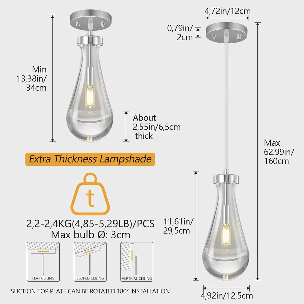 Raindrop Pendant Lights Kitchen Island Teardrop Chrome Hanging Light Fixtures Clear Solid Glass Pendant Light Modern Chandeliers for Dining Room Porch Corridor Living Room