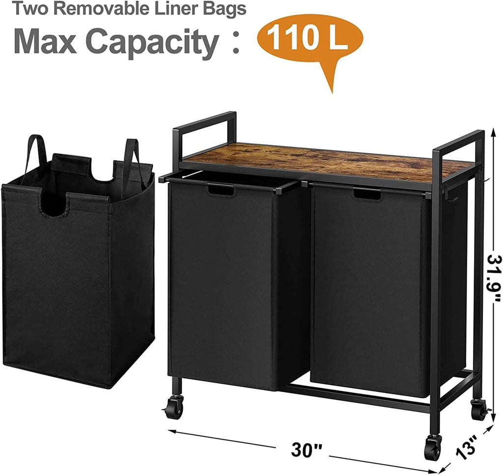 Double Laundry Hamper with Wheels, Rolling Laundry Basket Organizer | Laundry Hamper 2 section with Lid, Iron-Made