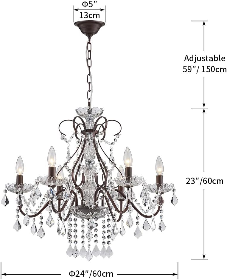 6 Light Crystal Chandelier Light Fixture Modern Chandelier Crystal Lighting, Crystal Pendant Raindrop Chandelier for Dining Room,Bedroom,Living Room,H23 x D24, 6-Light