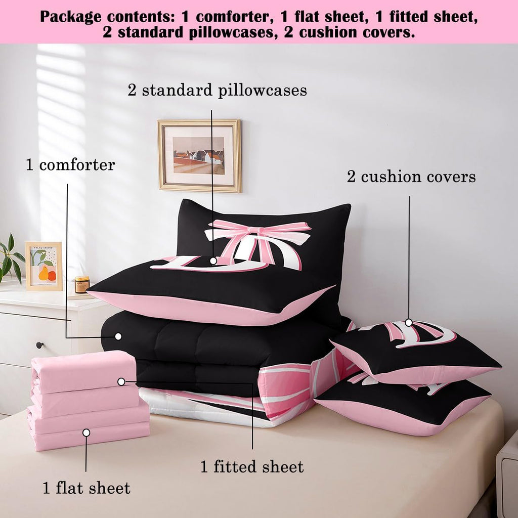 Kids Girls Black Pink Bow Comforter Set with Sheets Monogrammed 7 Piece Bedding Set Personalized