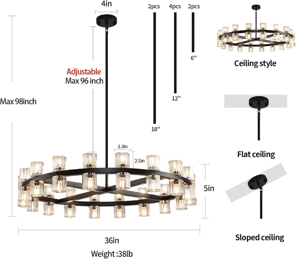 Modern Crystal Chandeliers 36in Black Round Chandelier, Chandeliers for Dining Room, K9 Crystal Wagon Wheel Chandelier for Living Room,High Ceiling,Foyer,Entryway,Staircase (36xG4 Bulbs Included)